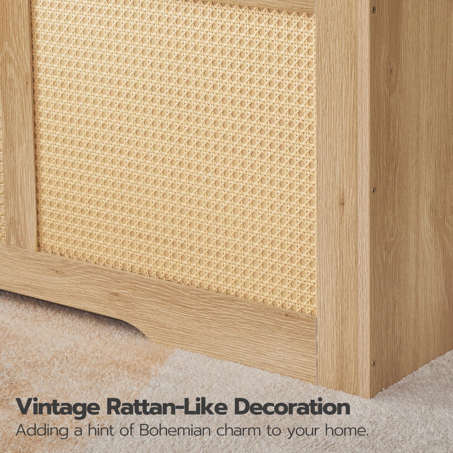 HOOBRO Natural 39.3-inch Wicker Style Storage Bench with Safety Hinges & U-Shaped Opening