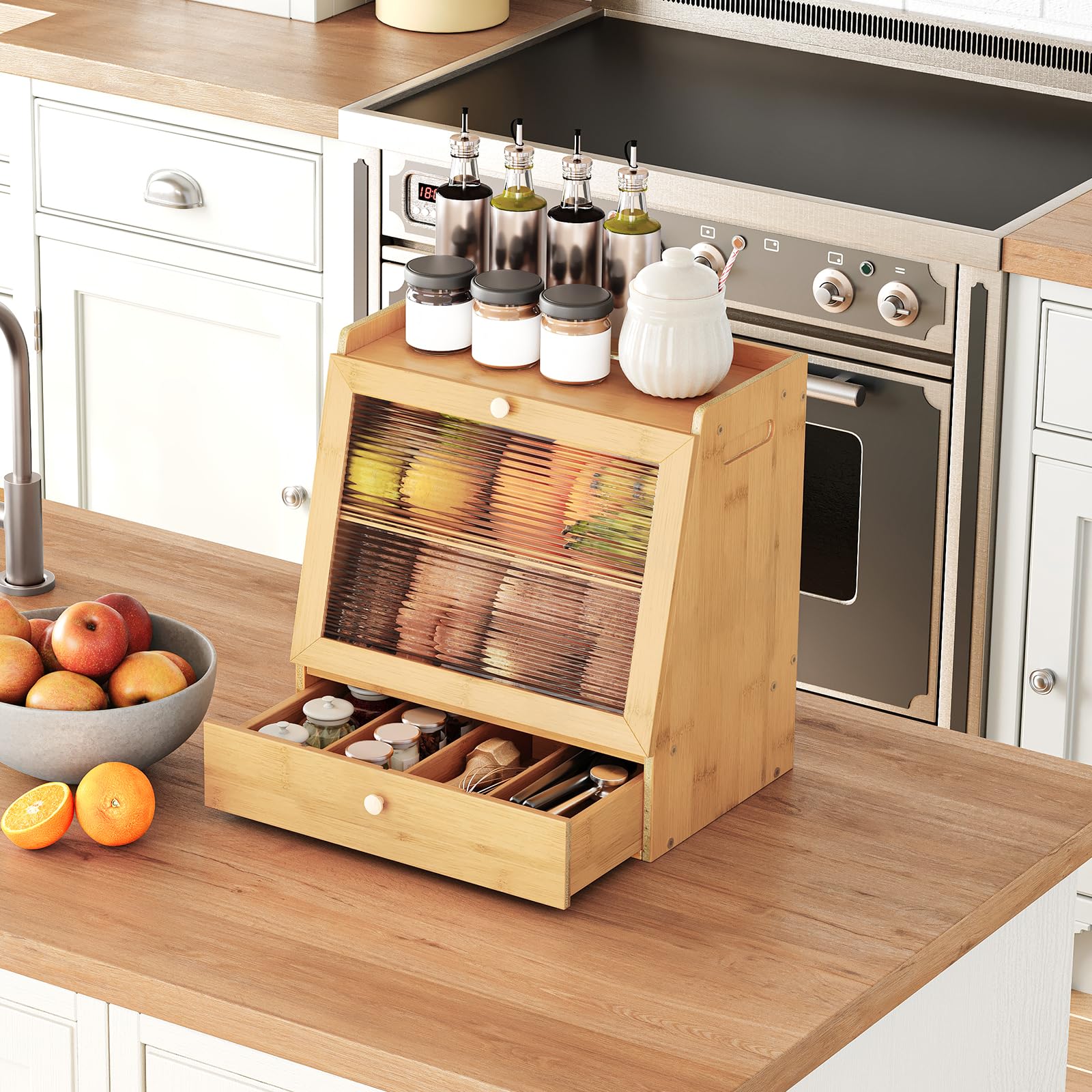 Wooden kitchen storage unit with spices and a bowl of fruit on a kitchen counter.