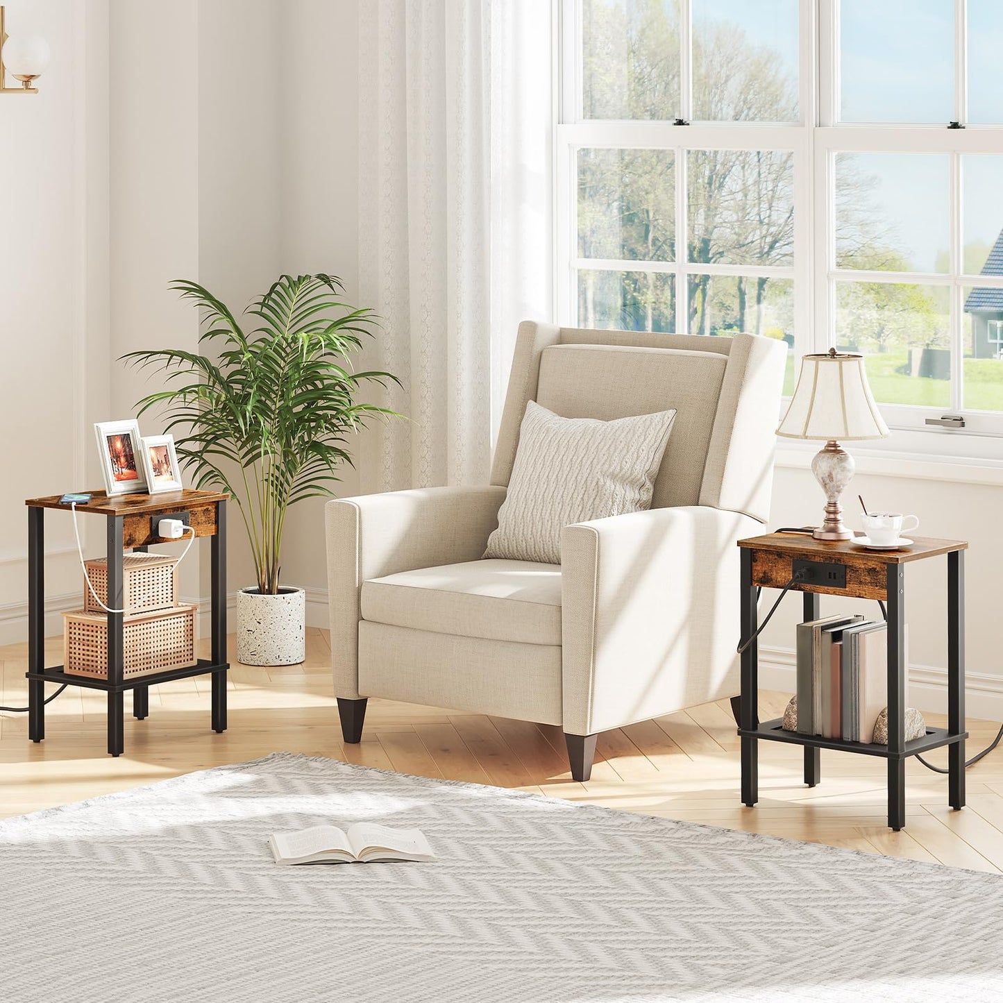 HOOBRO Retro Brown-Edged  End Table Set with Charging Station & USB Port & Power Outlet & Double-Layer Storage Shelf / 2PICS