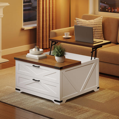 White coffee table with wooden top in a living room setting