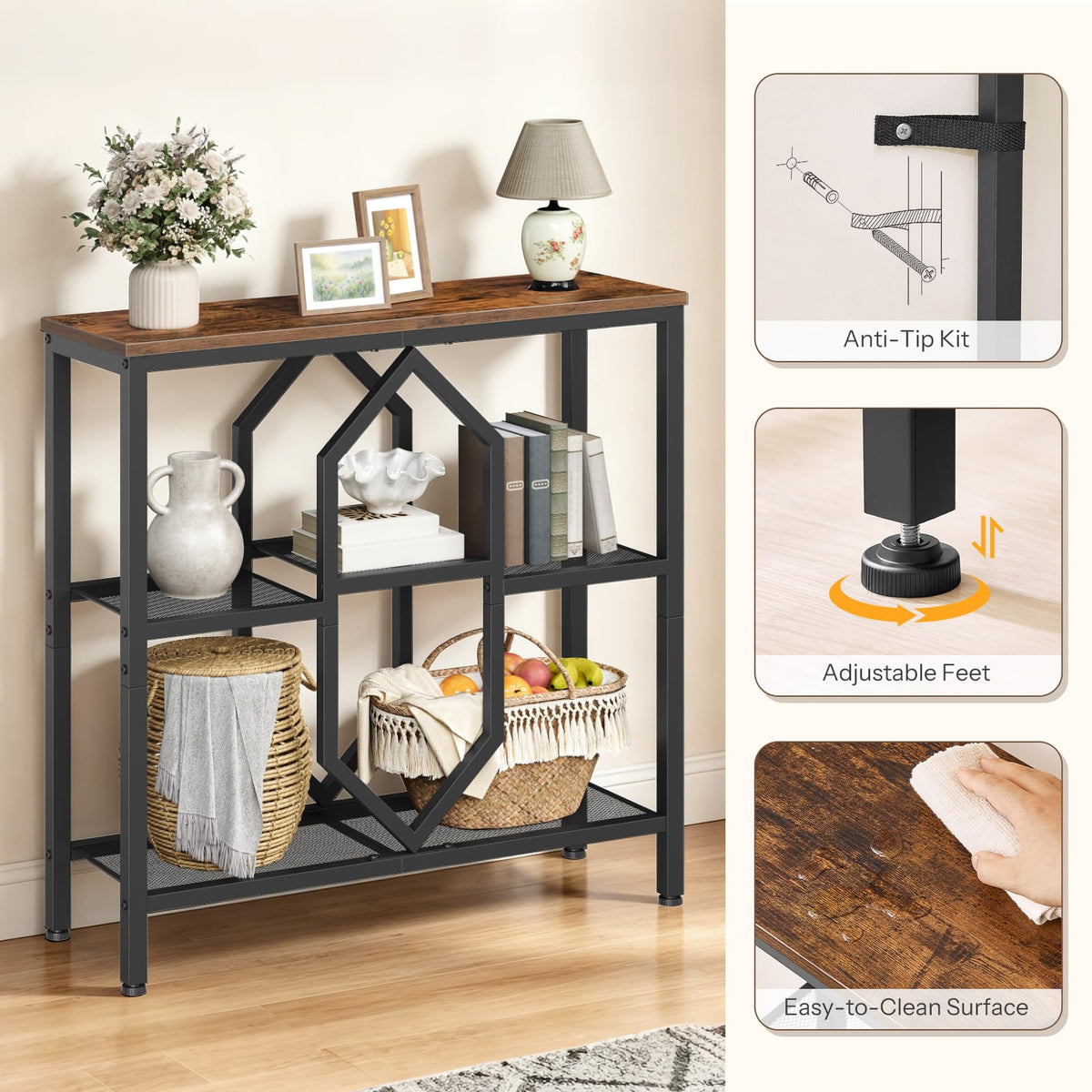 HOOBRO Console Table, Narrow Entryway Table, Behind Couch Table, Rustic