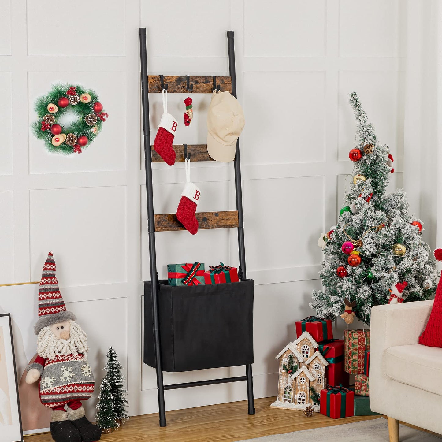 HOOBRO Blanket Ladder Rack with Basket & Hooks