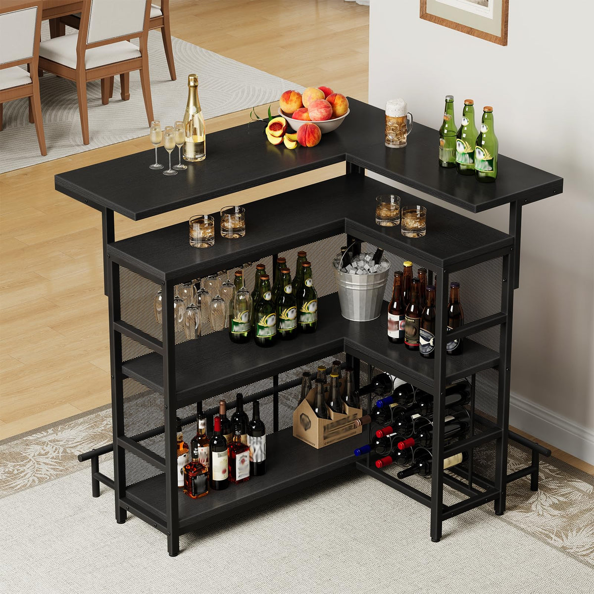 Black L-shaped bar cart with various bottles and glasses in a home setting.