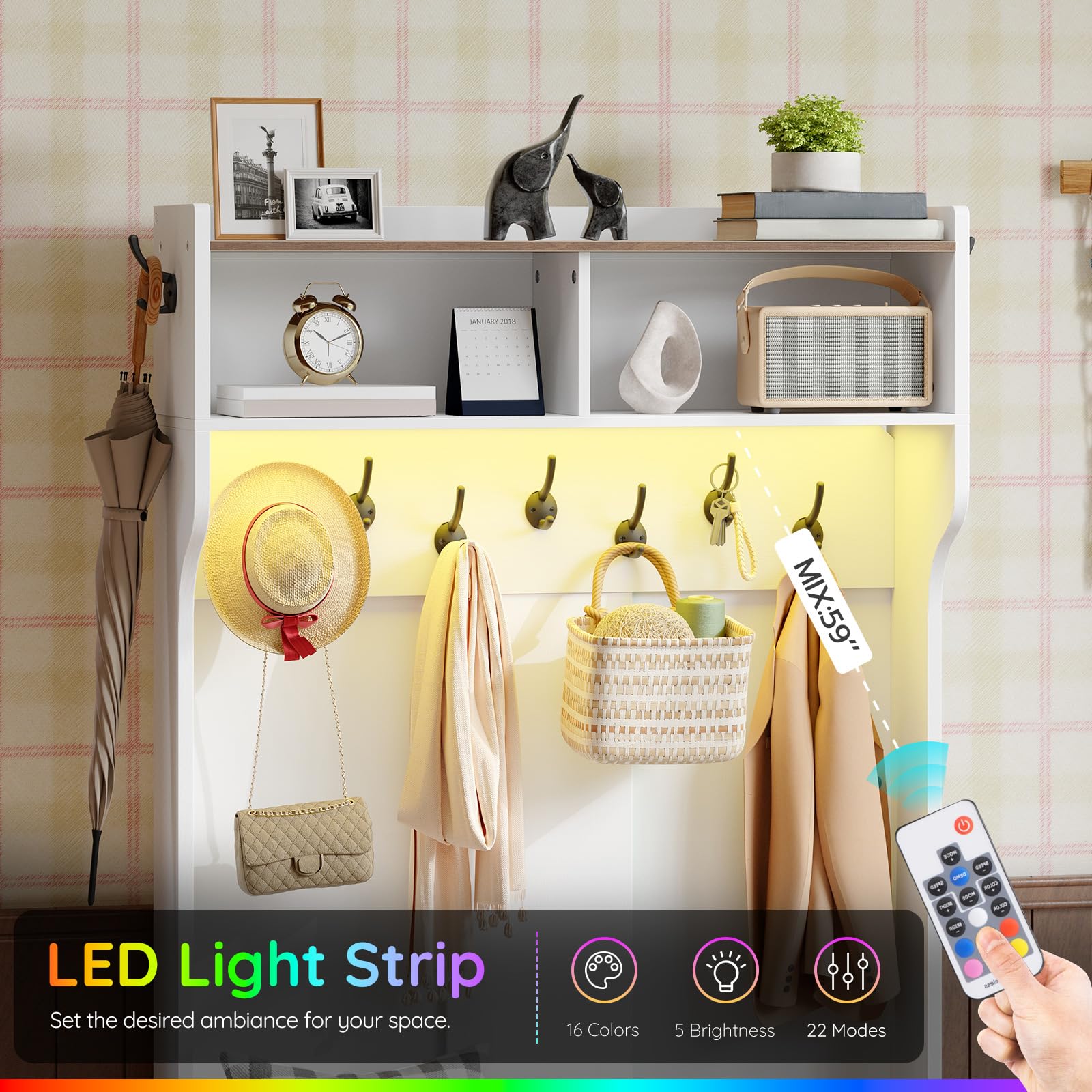 Wall-mounted storage unit with hooks and LED light strip, featuring a remote control.