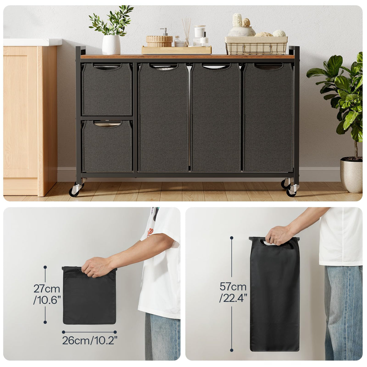HOOBRO Laundry Sorter with 5 Sections, 45.5 Gal. (170 L) Laundry Hamper with Wheels and Shelf, Large Capacity, Laundry Basket with Removable Bags, 44.1"L x 11.8"W x 31.5"H, Rustic Brown, BF26XY01