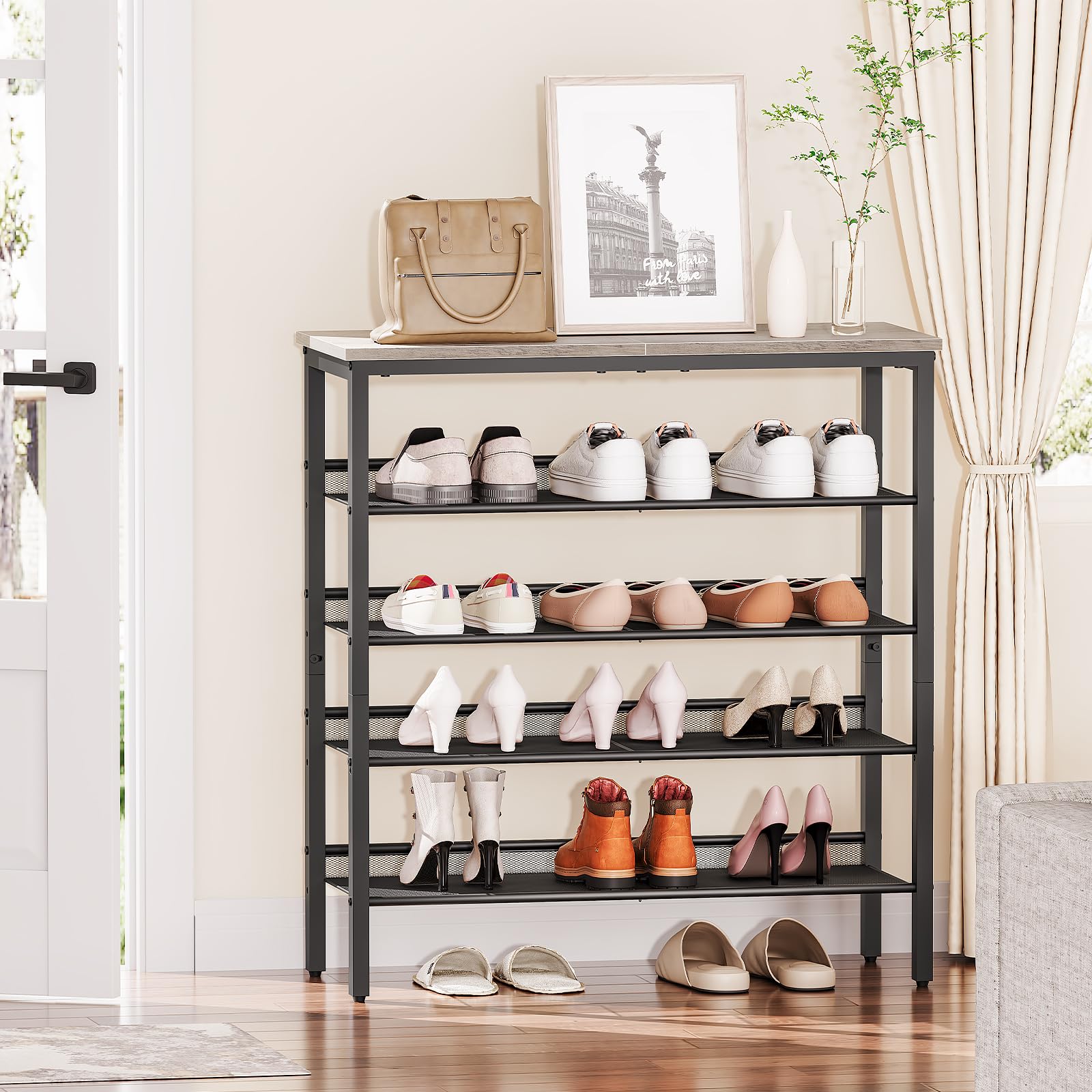 Shoe rack with various shoes on a wooden floor in a room with a door and plant.