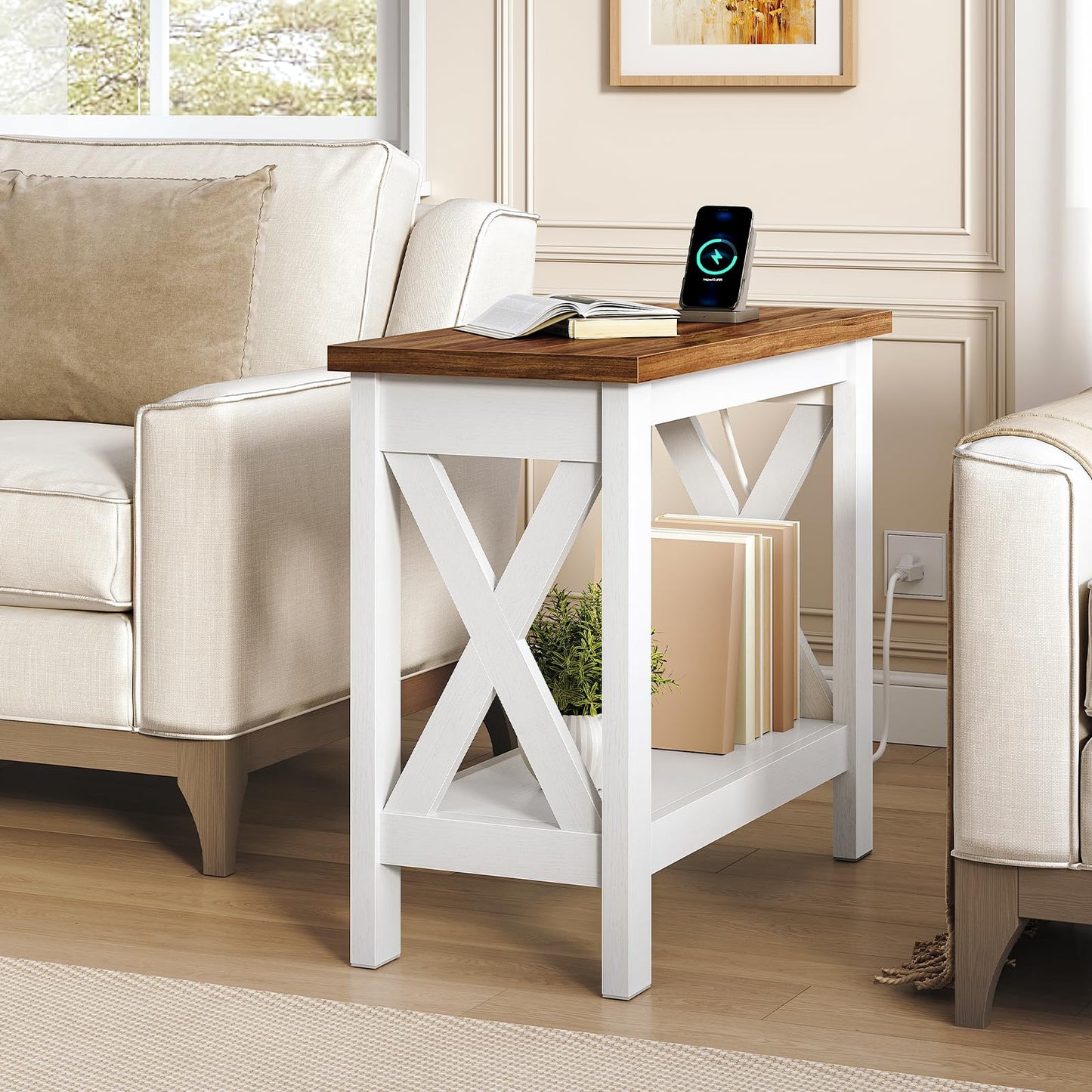 HOOBRO White Farmhouse Style Narrow Double-Layer Side Table with Charging Station & Storage Shelf