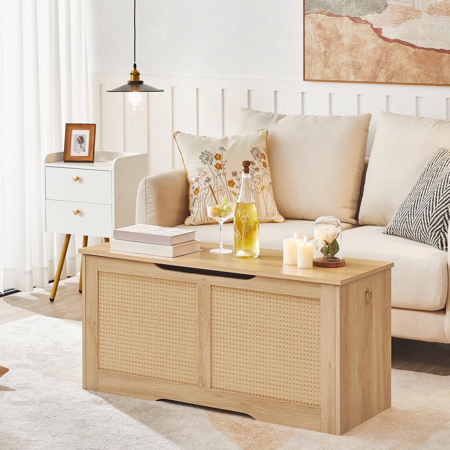 HOOBRO Natural 39.3-inch Wicker Style Storage Bench with Safety Hinges & U-Shaped Opening