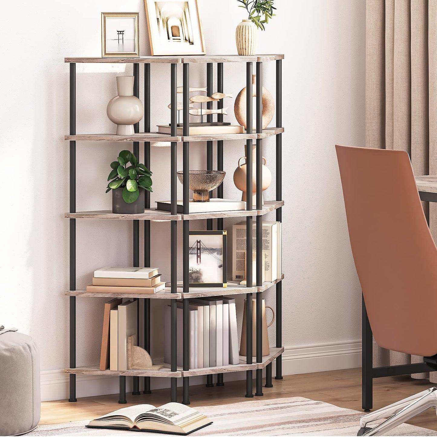 HOOBRO Greige Industrial Style Five-Tier Corner Bookshelf
