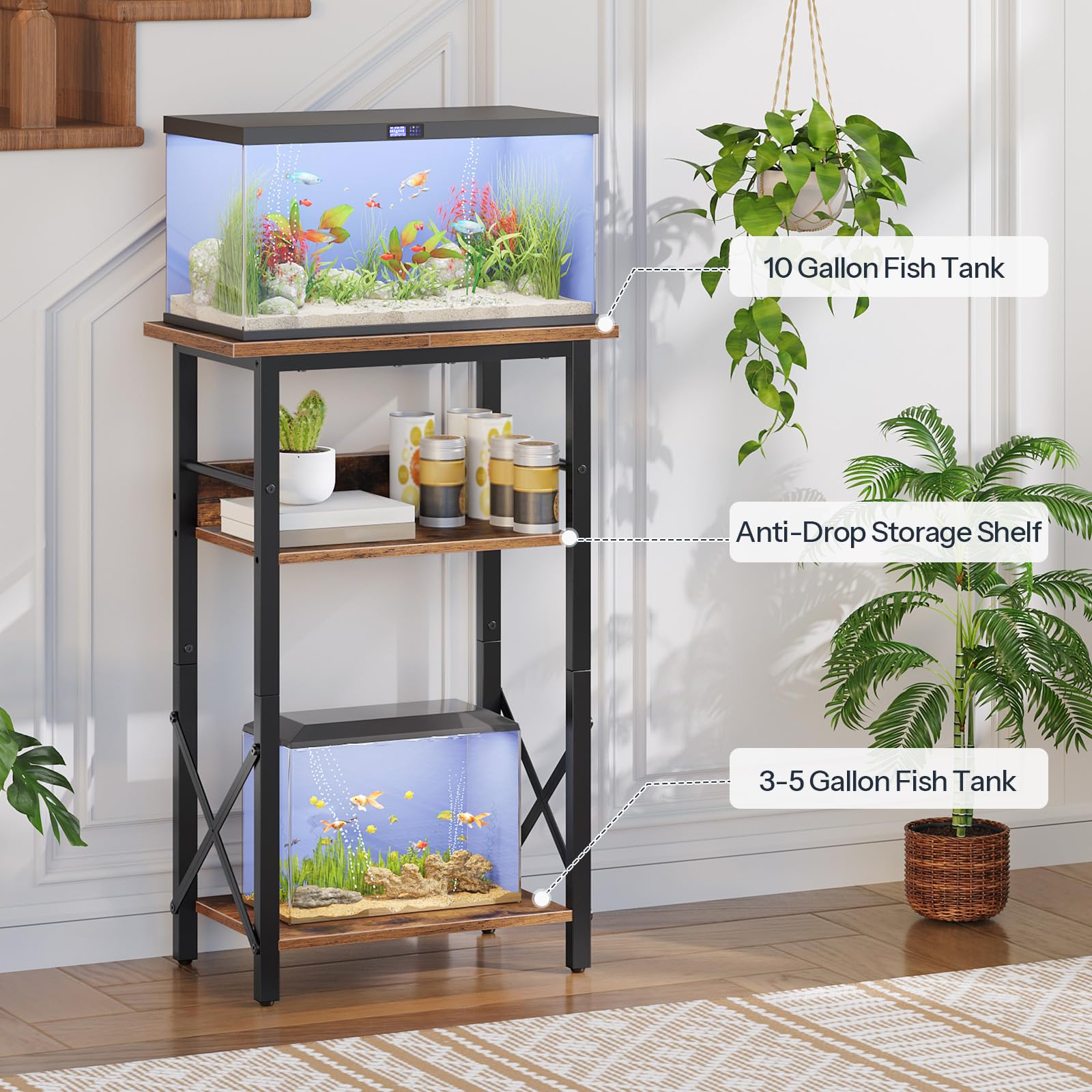 Fishing tank with anti-drop storage shelf and plants on a wooden floor.