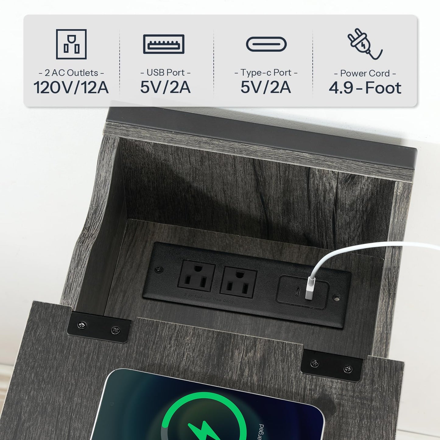 HOOBRO End Table with Charging Station, Narrow Side Table, Flip Top Nightstand with USB Ports and Outlets, Bedside Tables with Shelf for Small Spaces, Living Room, Charcoal Black BC341BZ01