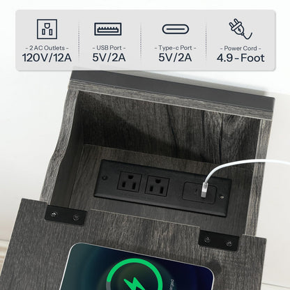 HOOBRO End Table with Charging Station, Narrow Side Table, Flip Top Nightstand with USB Ports and Outlets, Bedside Tables with Shelf for Small Spaces, Living Room, Charcoal Black BC341BZ01