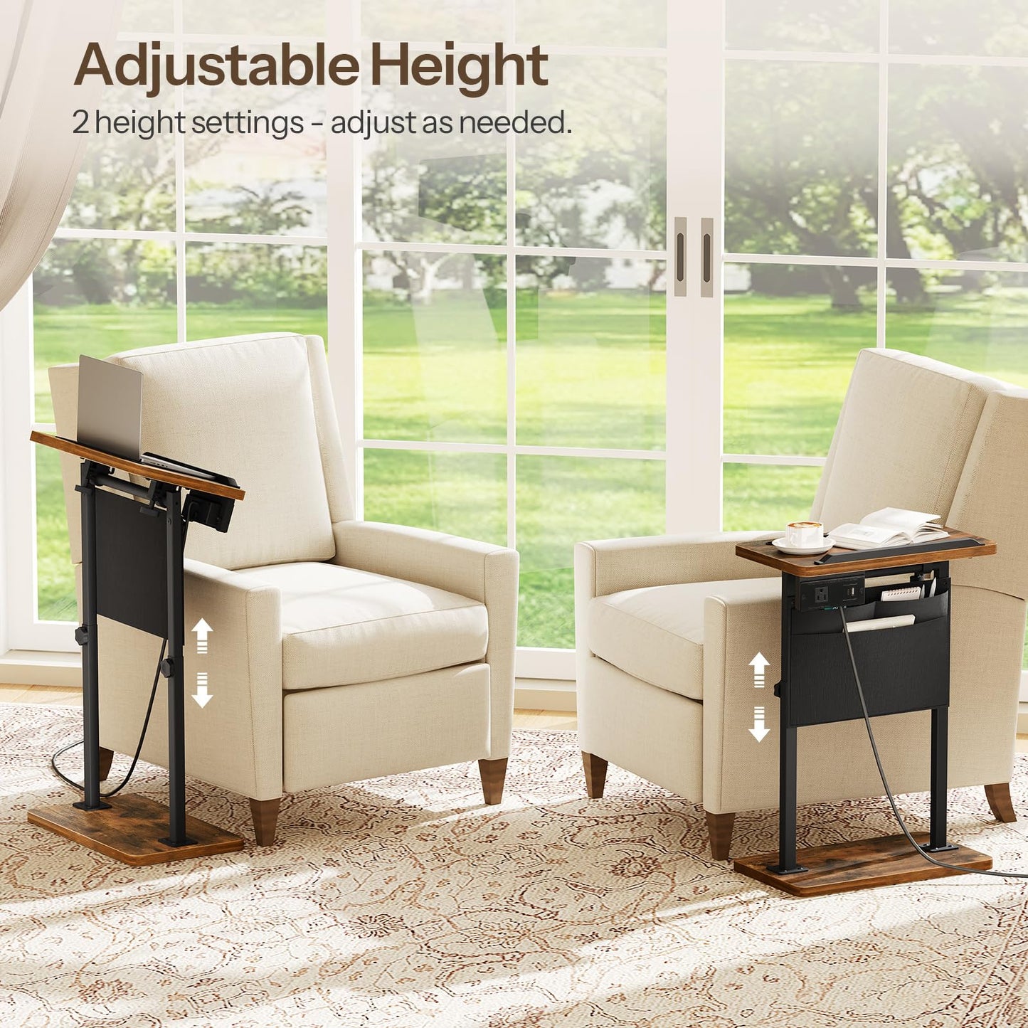 HOOBRO Side Table, Narrow End Table with Charging Station, Height Adjustable Side Table, Tiltable Surface, Storage Bag, Nightstand for Small Spaces, Living Room, Rustic Brown and Black BF435UBZ01