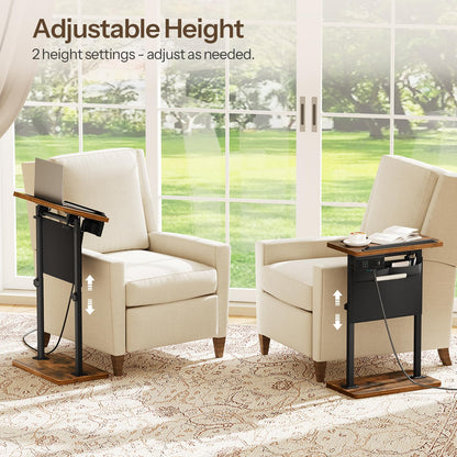 HOOBRO Side Table, Narrow End Table with Charging Station, Height Adjustable Side Table, Tiltable Surface, Storage Bag, Nightstand for Small Spaces, Living Room, Rustic Brown and Black BF435UBZ01