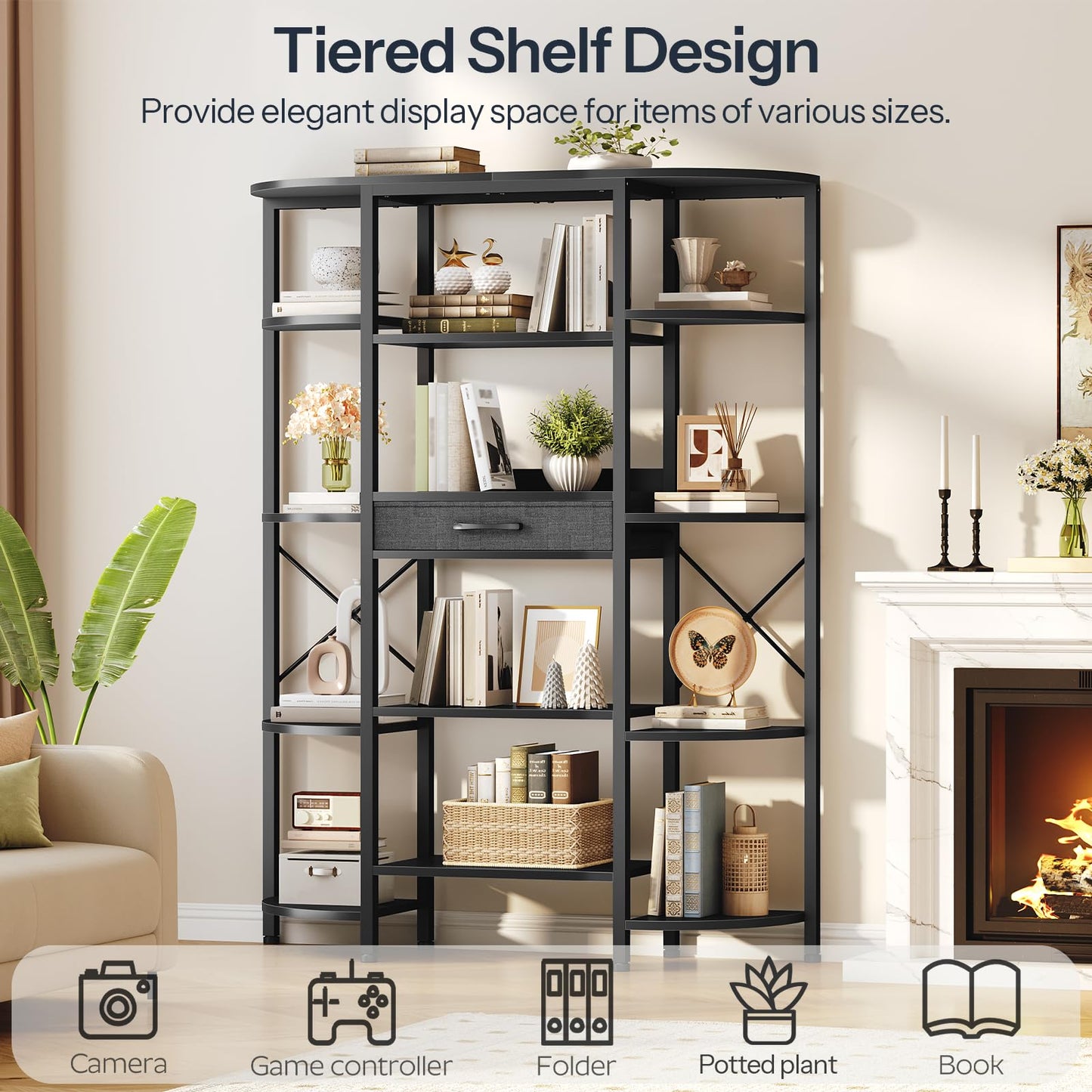 HOOBRO Industrial 5-Tier Bookshelf with 12 Open Shelves & Fabric Drawer