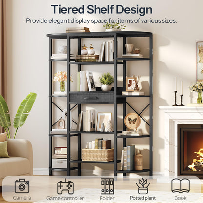 HOOBRO Industrial 5-Tier Bookshelf with 12 Open Shelves & Fabric Drawer