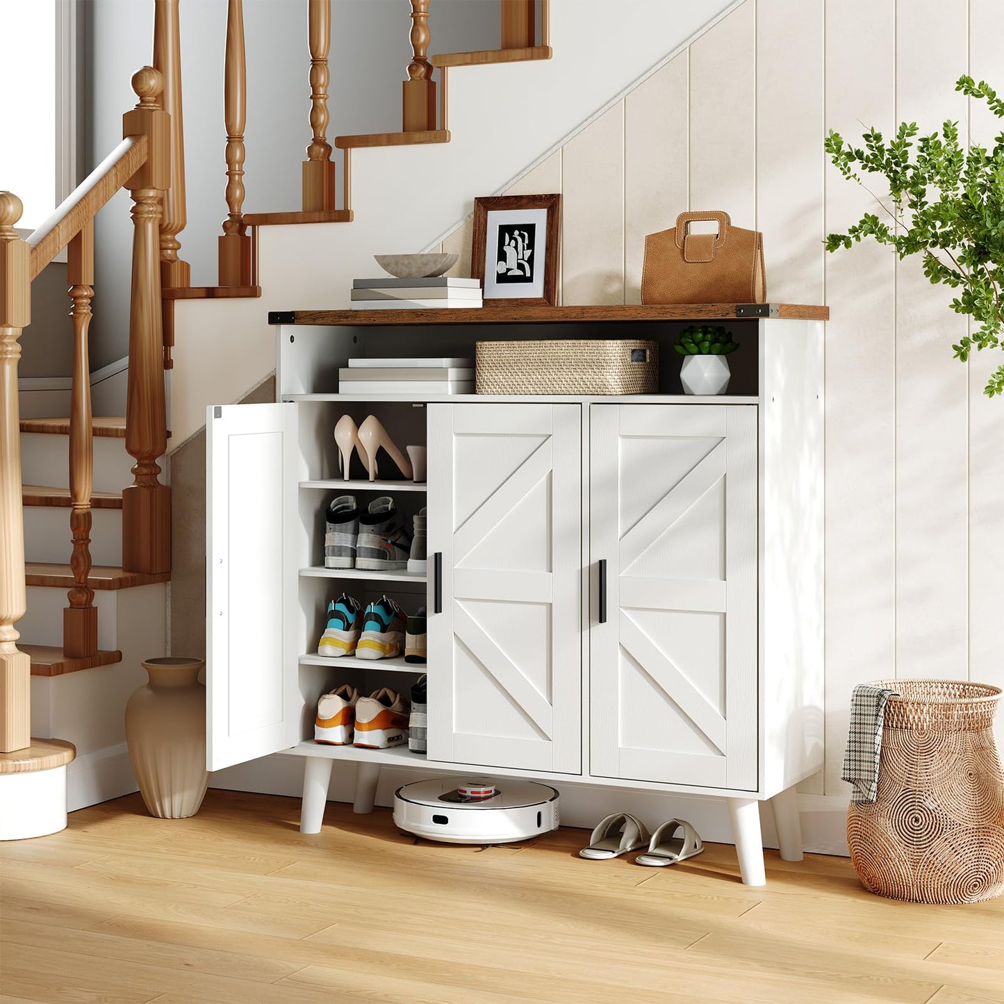 HOOBRO Entryway Wooden Shoe Storage Cabinet with 3 Doors for Entryway