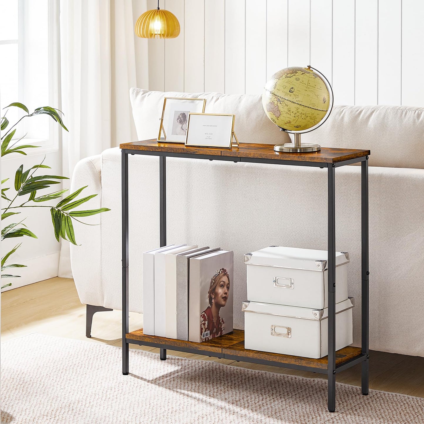 HOOBRO Retro Brown 29.5-inch Long Narrow Console Table with Two-Layer Storage