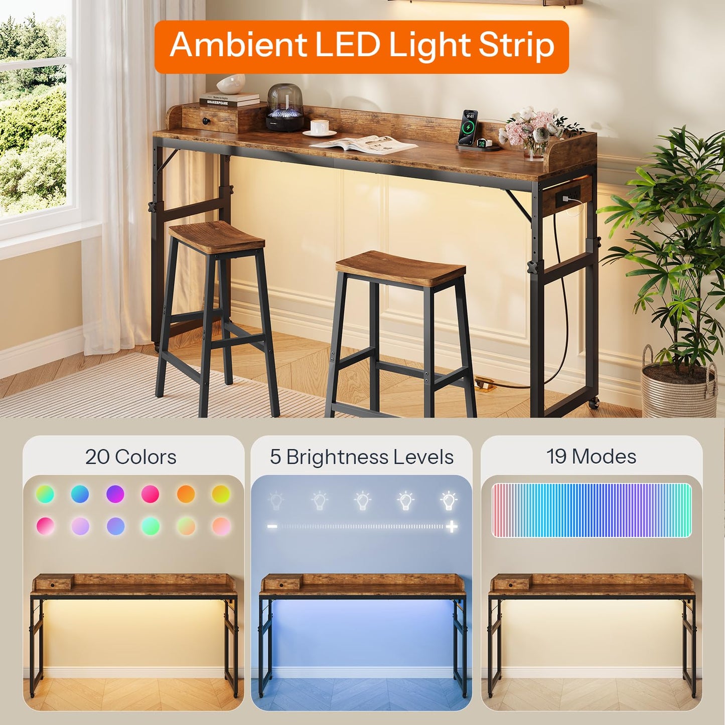 HOOBRO Height-Adjustable Bedside Table & Headboard Set with Wheels & Drawers & Charging Station