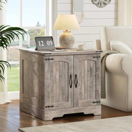 HOOBRO Farmhouse End Table & Nightstand with Charging Station for Bedroom