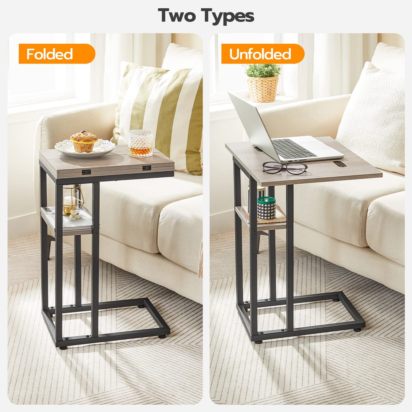 HOOBRO Greige C-Type Folding Side Table with Storage Shelf