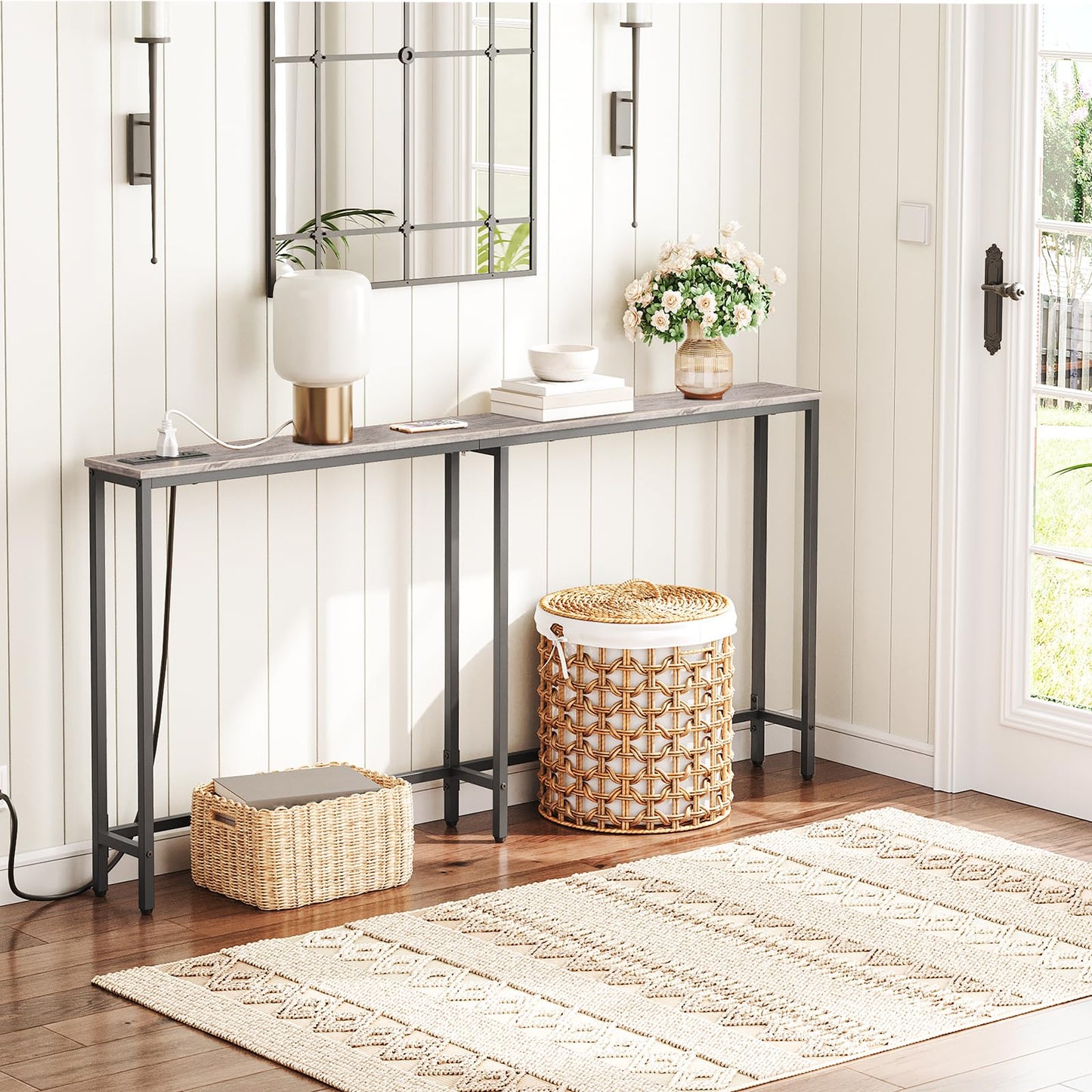 HOOBRO 63-inch Narrow Console Table with Charging Station