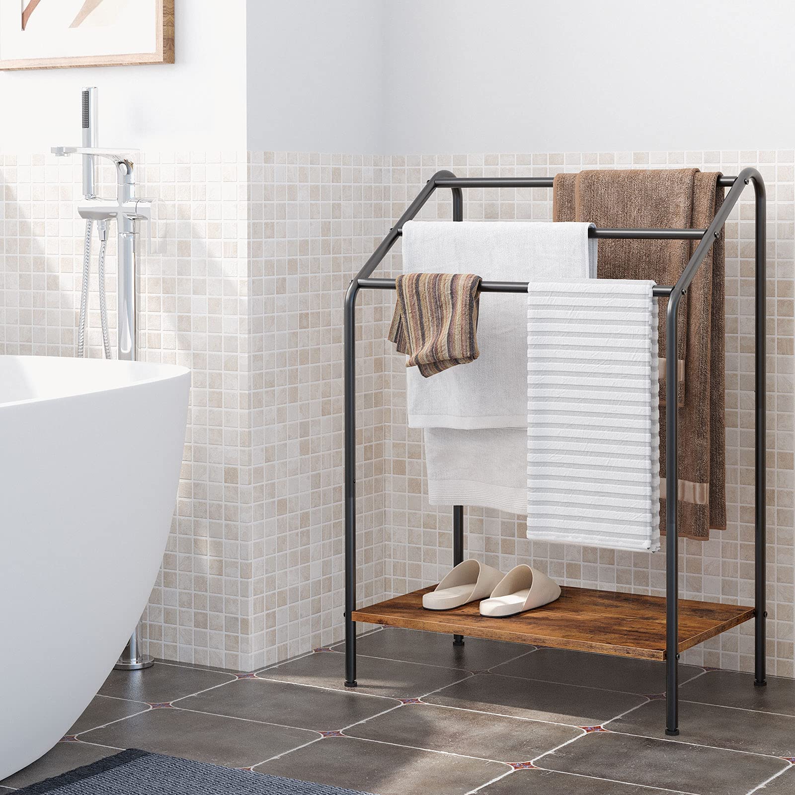 Towel rack with towels and slippers in a bathroom setting