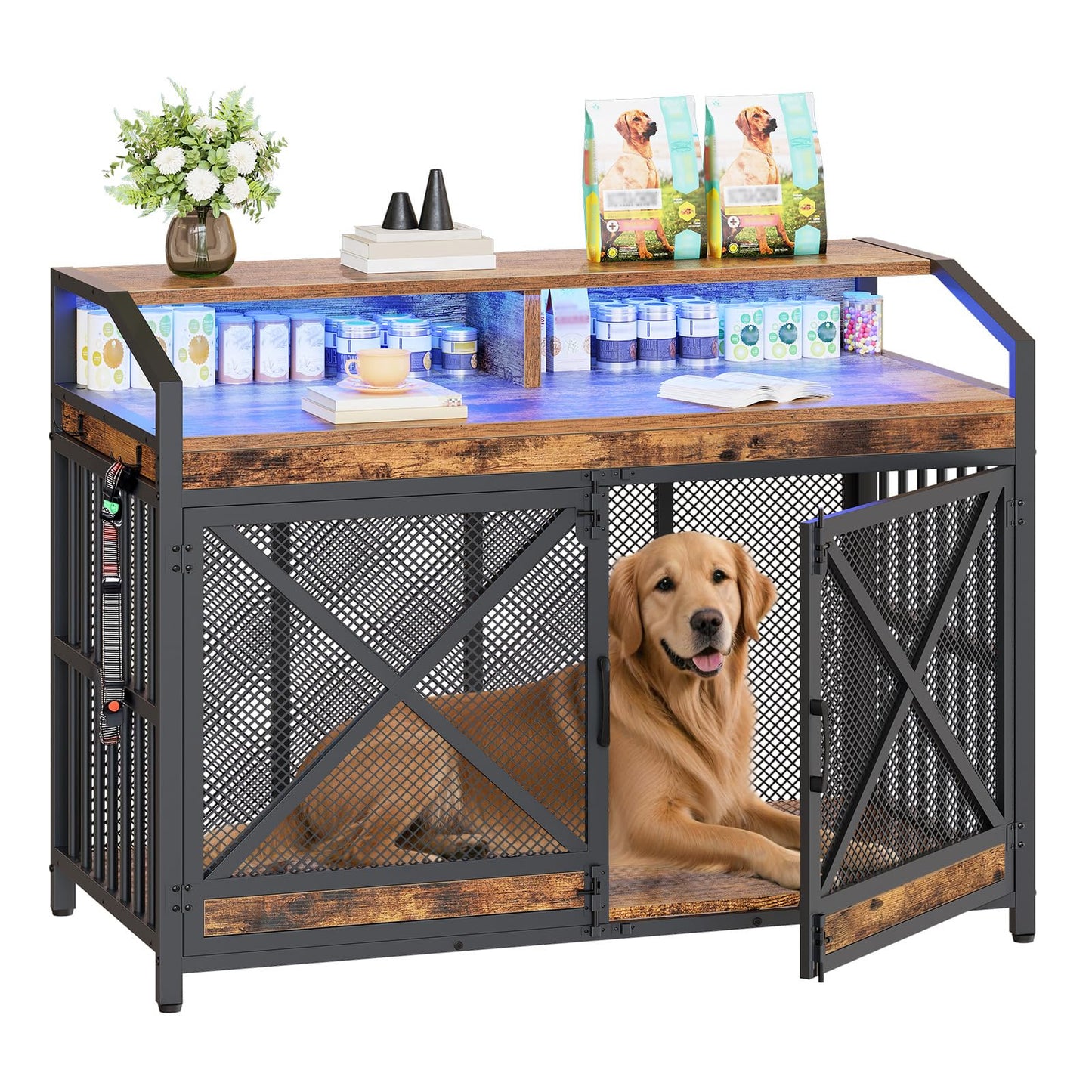 HOOBRO Vintage Brown 43.3-inch Wooden Dog Cage for Extra Large Breeds with LED Light