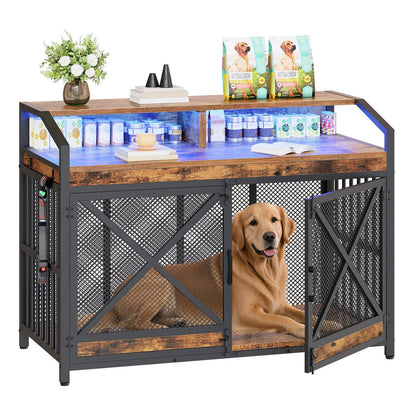 HOOBRO Vintage Brown 43.3-inch Wooden Dog Cage for Extra Large Breeds with LED Light