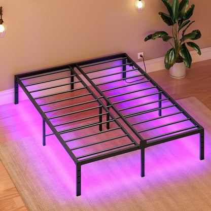 HOOBRO Full Metal Bed Frame with Charging Station & LED Lights