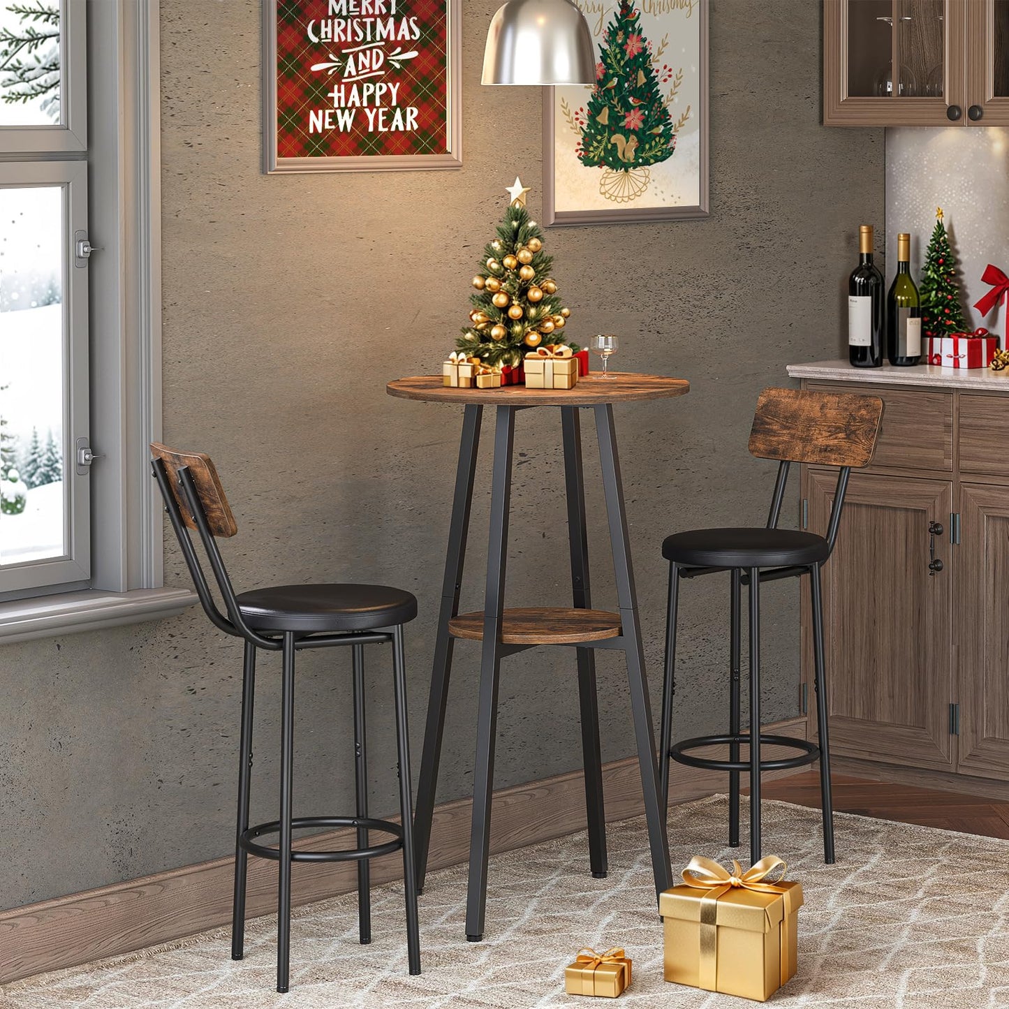 Decorated room with a bar height table, stools, and Christmas decorations.