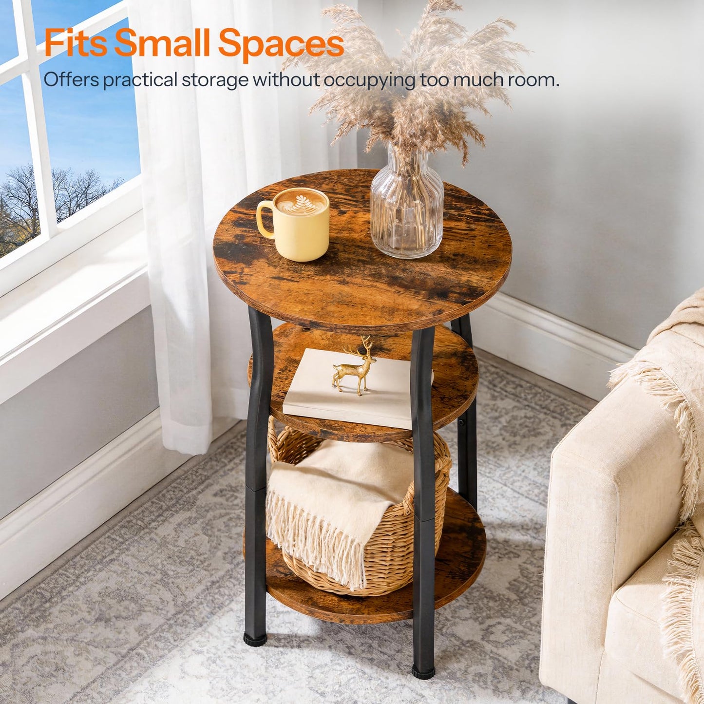 HOOBRO Small Round Side Table, 3-Tier Oval End Table with Storage, Slim Night Stand for Small Spaces, Corner Sofa Table for Living Room, Bedroom, Rustic Brown and Black BF258BZ01