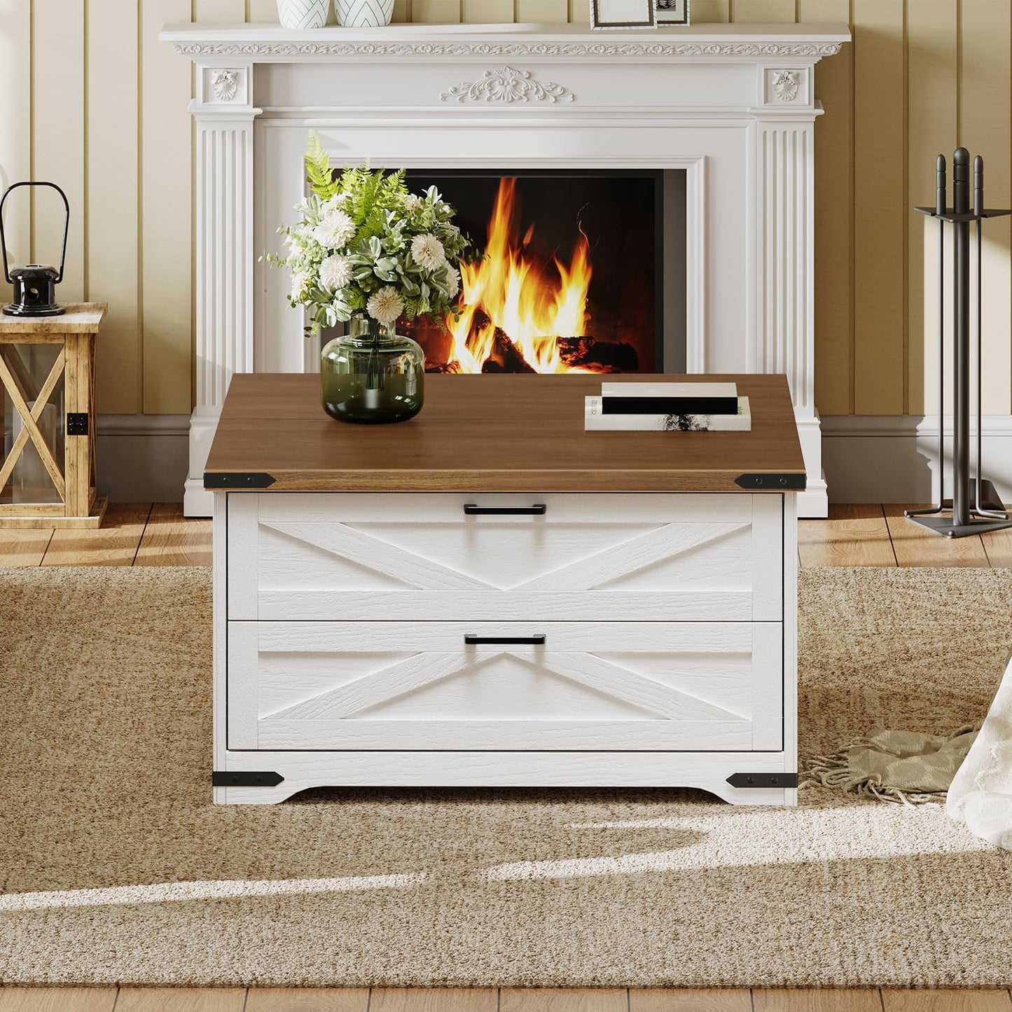 White storage cabinet with wooden top in front of a fireplace
