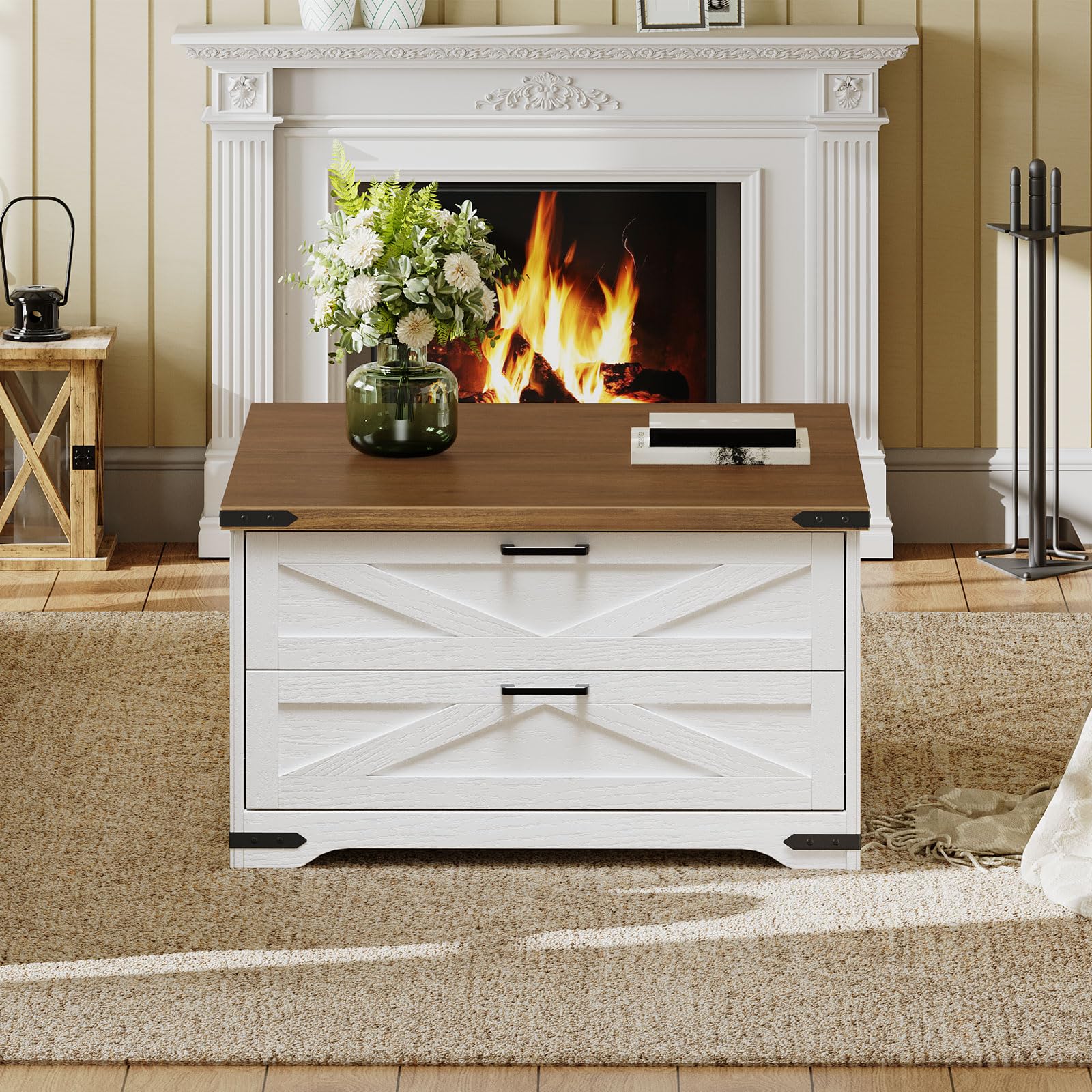 White storage cabinet with wooden top in front of a fireplace