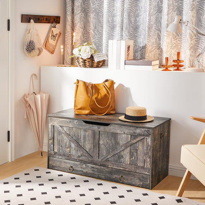 HOOBRO 39.3-inch Wooden Toy Box Storage Box with Drawers & Safety Hinges & U-Shaped Opening