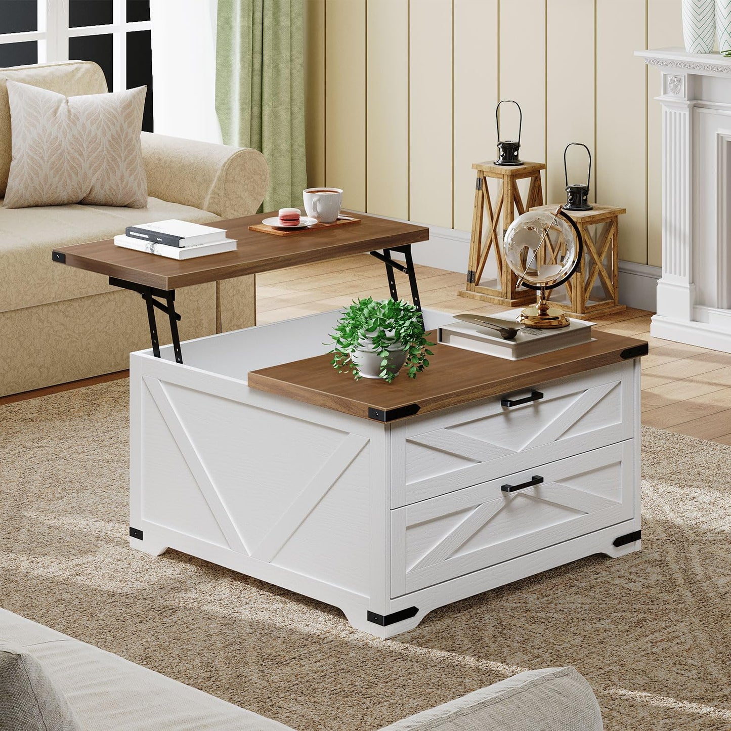 White coffee table with wooden top in a living room setting