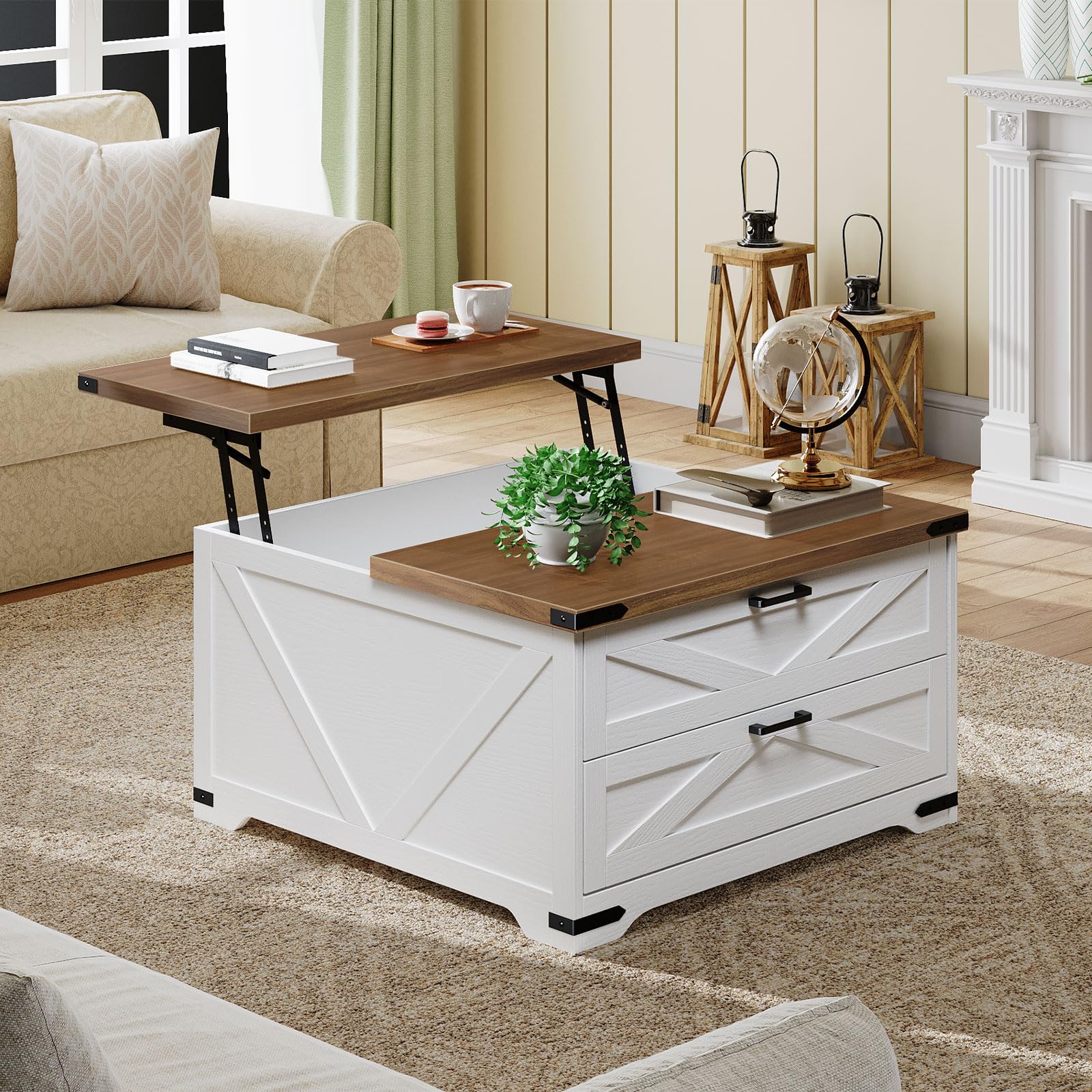 White coffee table with wooden top in a living room setting