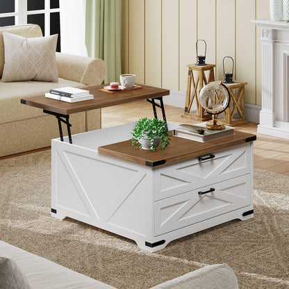 White coffee table with wooden top in a living room setting