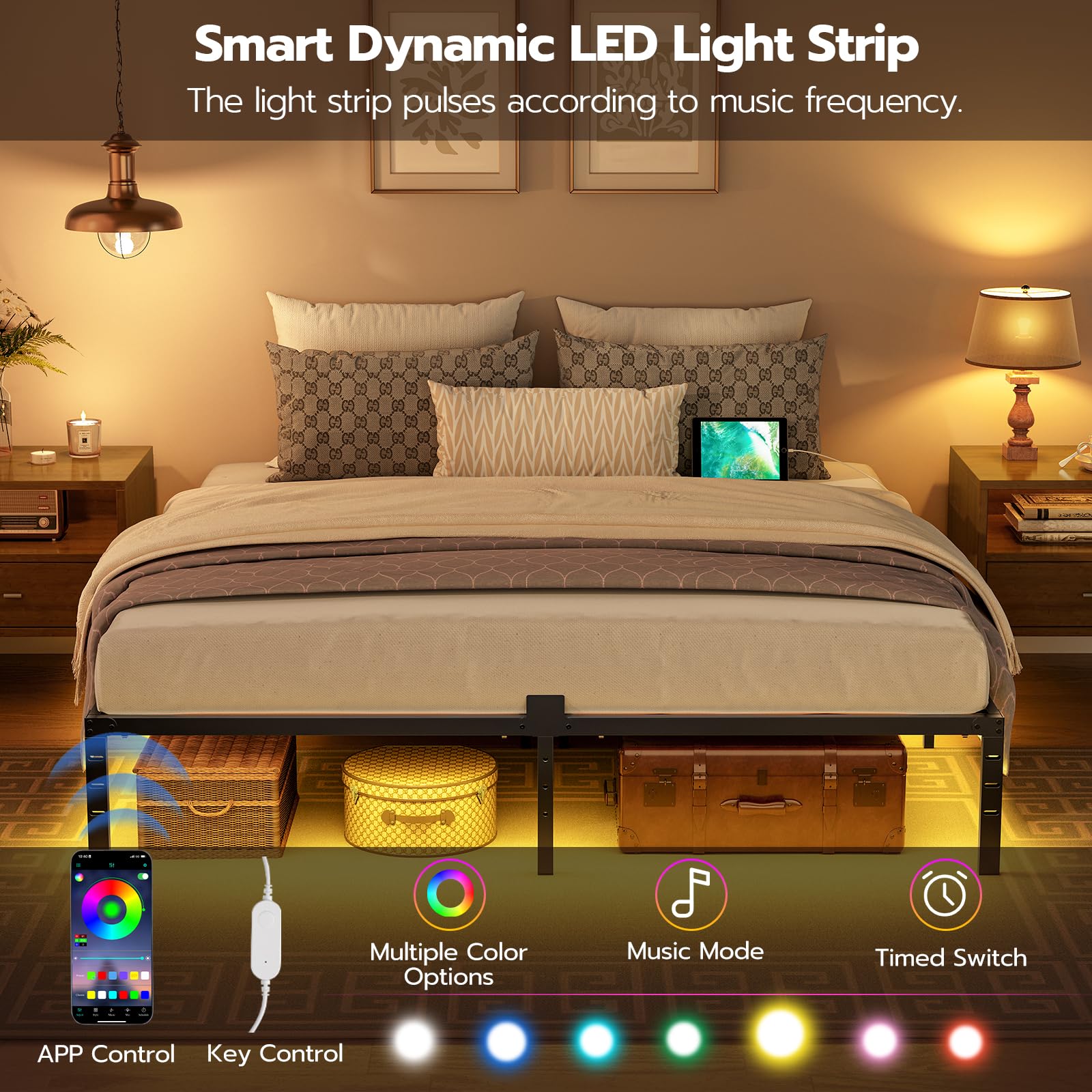 Smart dynamic LED light strip in a bedroom setting with app control and color options.