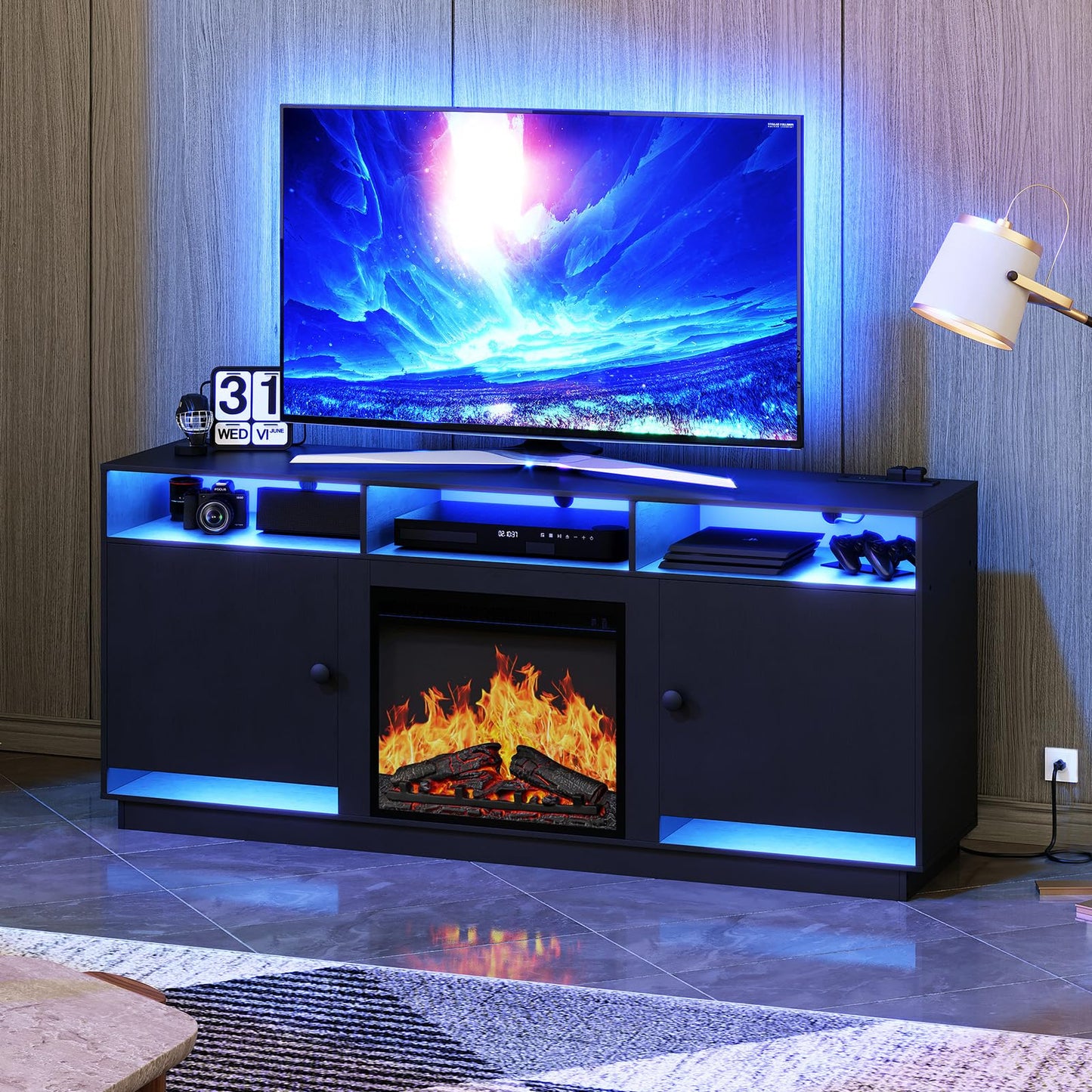 HOOBRO Black Electric Fireplace TV Stand with Charging Station & LED Light Strip & Adjustable Glass Shelf