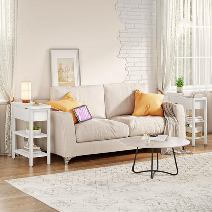 HOOBRO End Table with Charging Station, Narrow Side Table, Flip Top Nightstand with USB Ports and Outlets, Bedside Tables with Shelf for Small Spaces, Living Room, White WT341BZ01