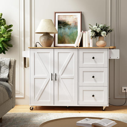 HOOBRO White Portable Kitchen Island with Power Outlet & Adjustable Shelves