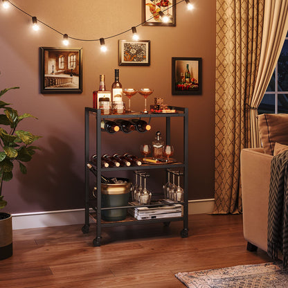 HOOBRO Retro Brown Three-Tier Movable Wheeled Bar Trolley with Wine Rack & Glass Holder