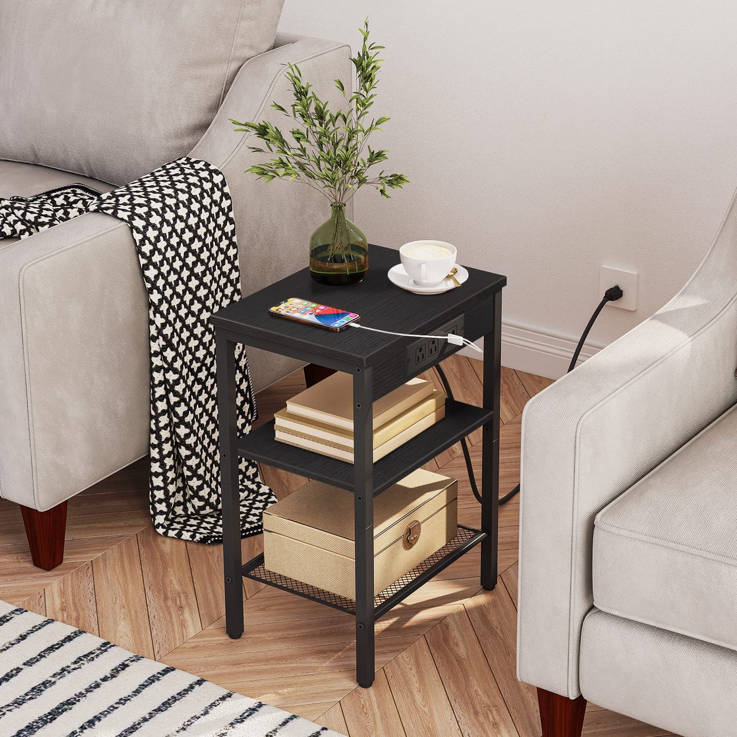 HOOBRO Black Triple-Shelf Adjustable Compact Side Table with Charging Station & USB Port