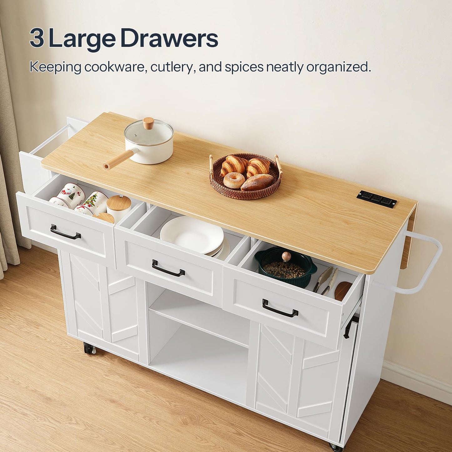HOOBRO Rolling Kitchen Island with Power Outlet & Drawers