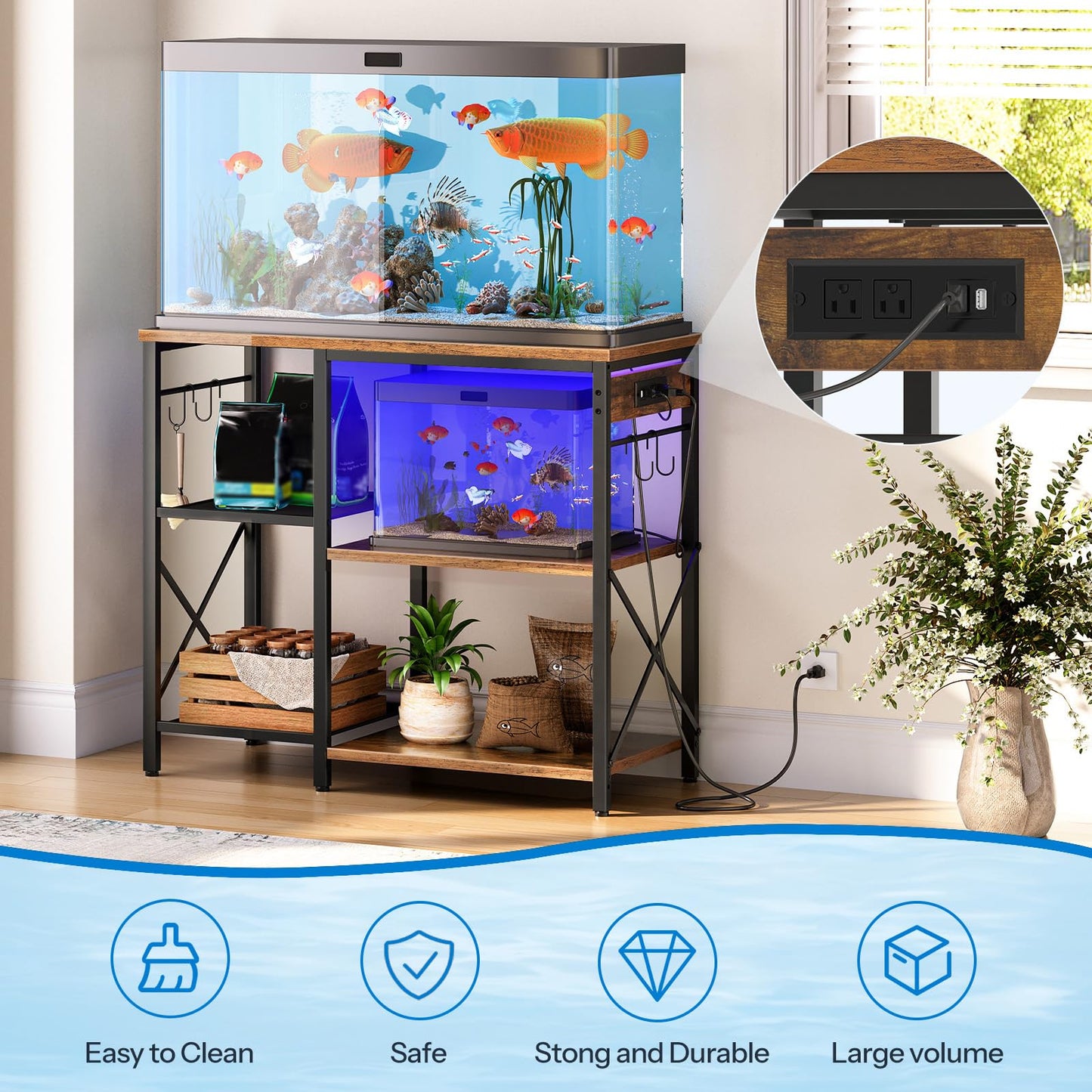Fish tank with wooden stand in a room setting with plants and power outlet.