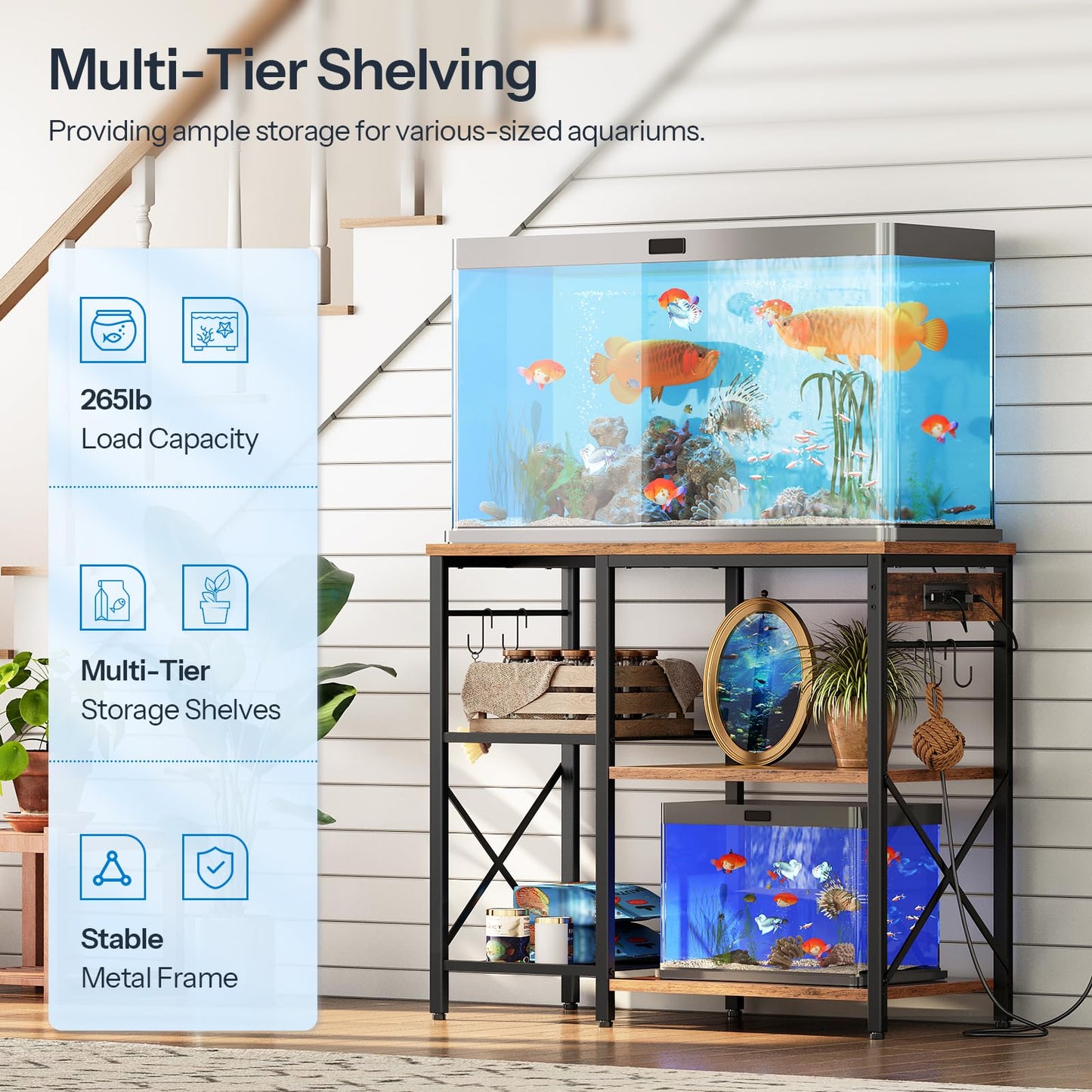 Multi-tier shelving unit with aquariums on a wooden floor.