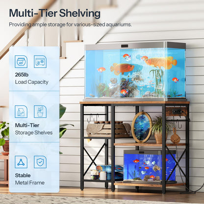 Multi-tier shelving unit with aquariums on a wooden floor.
