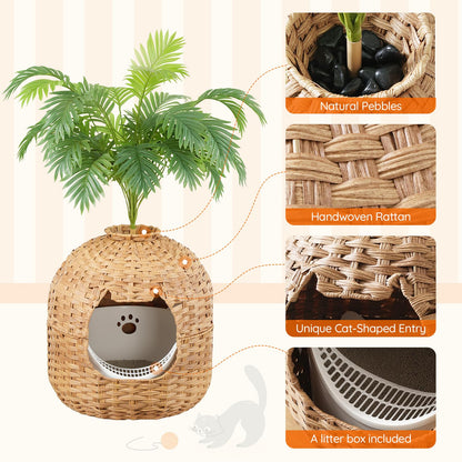 HOOBRO  Natrual Hand-woven Rattan Style Large Cat Litter Box with Litter Scoop & Odor Filter & Decorative Plants
