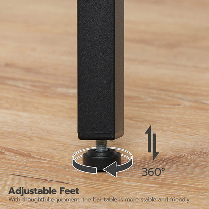 Adjustable foot of a bar table on a wooden surface with text indicating stability and 360-degree rotation.